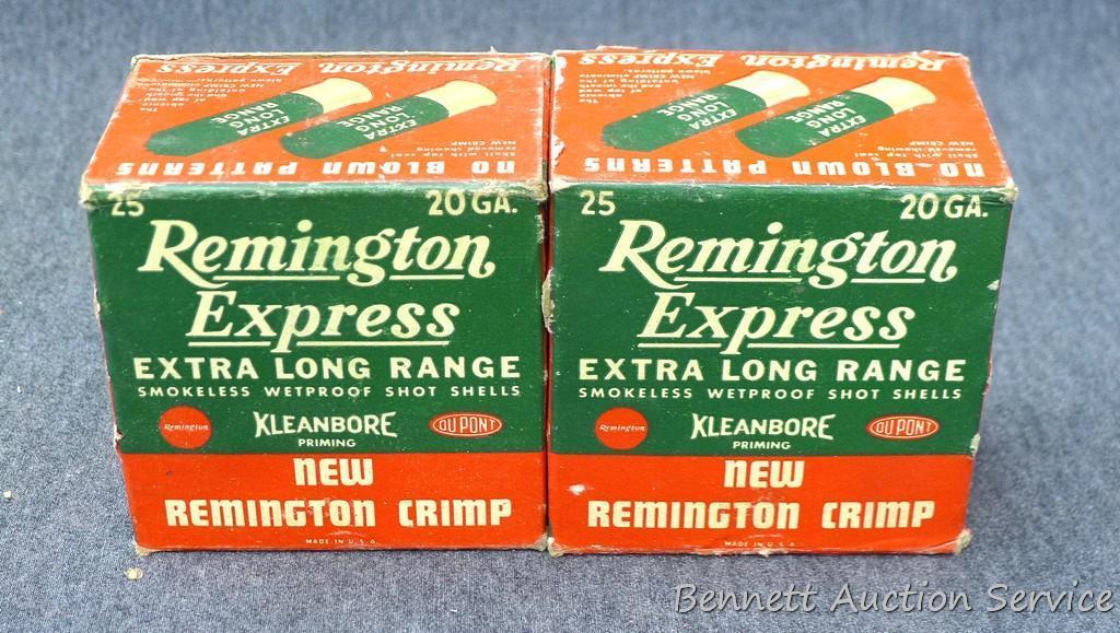 Three full and one partial boxes Remington Express 20 gauge shot shells. Partial box is missing 2 or