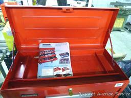 Kennedy top box and bottom rolling tool chest. Top cabinet has 3 drawers and is 26" x 12" x 14"