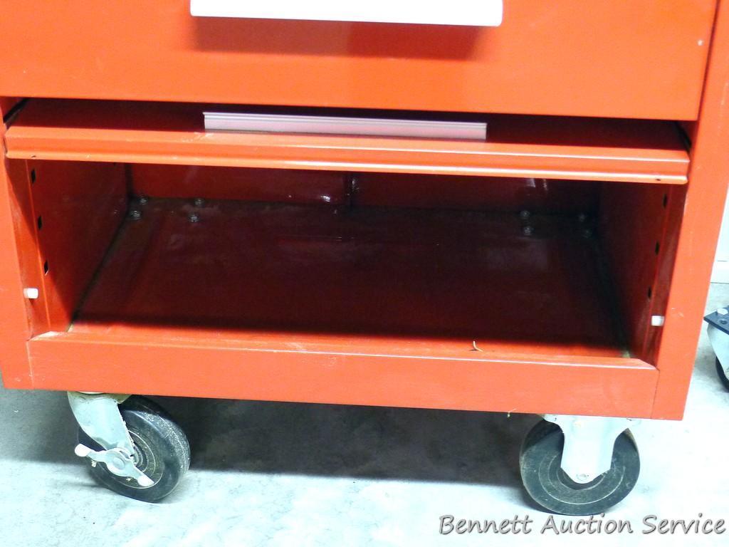 Kennedy lockable rolling tool chest measures 27" x 18" x 36" tall. Comes with key, has 5 drawers and
