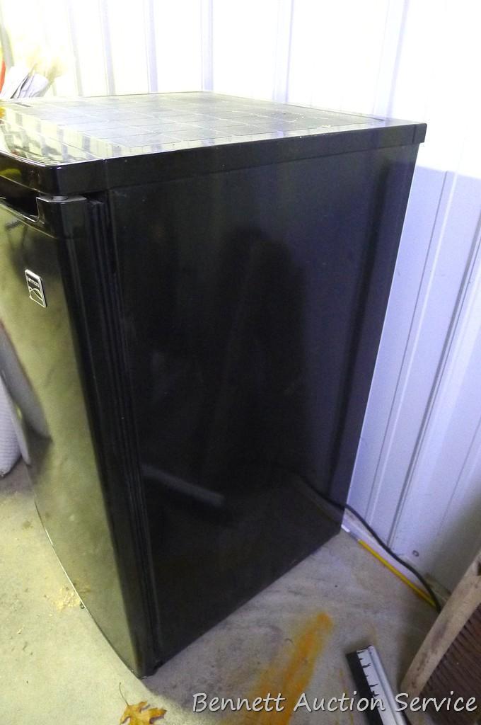 Kenmore dorm sized refrigerator/freezer is 20" x 21" x 34" tall. Runs and cools. Needs cleaning.