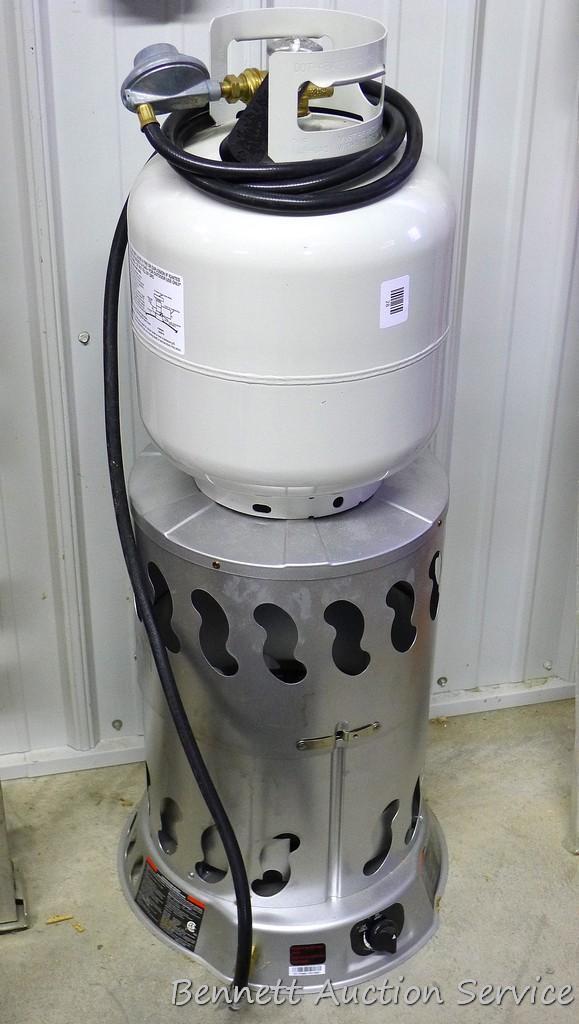 Propane construction heater with 20 lb. fuel tank partially filled, 21" tall. Model MH80CVXHS80CVX.