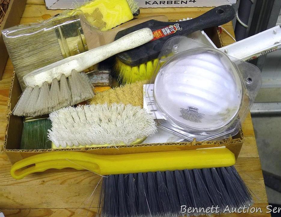 Scrub brushes; paint brushes; dust masks and more. Largest paint brush is 4" NIIP.