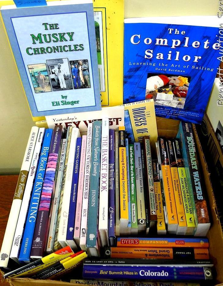 Hobby, crafting, hunting, tracking, etc. books. Titles include signed copy of The Musky Chronicles;