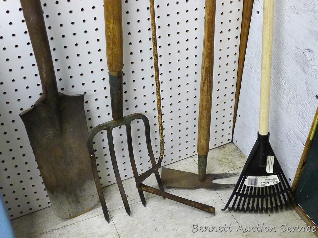 Pitch fork, grass trimmer, hand rake, hand hoe and spade shovel.