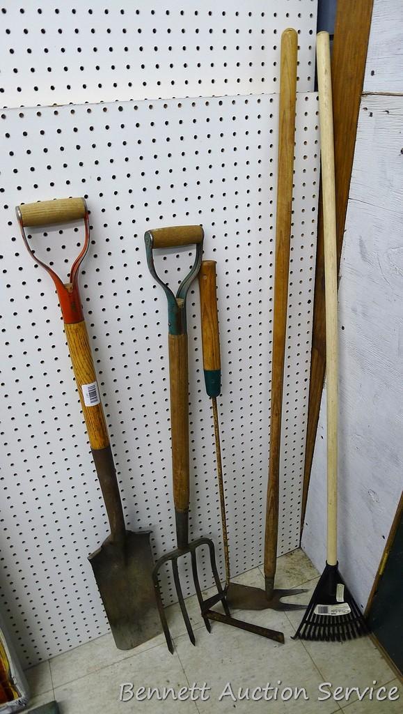 Pitch fork, grass trimmer, hand rake, hand hoe and spade shovel.