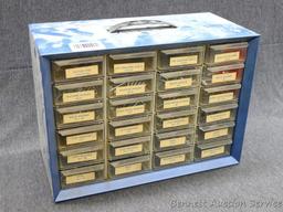 Metal organizer has cotter pins, sheet metal screws, flat washers and more. Measures 13" x 6-1/4" x