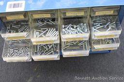 Metal organizer has cotter pins, sheet metal screws, flat washers and more. Measures 13" x 6-1/4" x