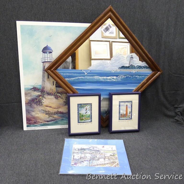 Lighthouse themed mirror, pictures, and posters. Posters are 13" x 17" overall. See pictures.