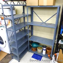 Two adjustable metal shelving units with 7 and 4 shelves, tallest is 31" x 12" x 59-1/2" tall,