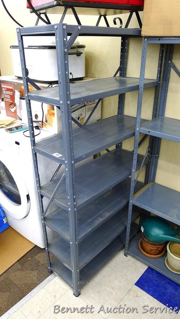 Two adjustable metal shelving units with 7 and 4 shelves, tallest is 31" x 12" x 59-1/2" tall,