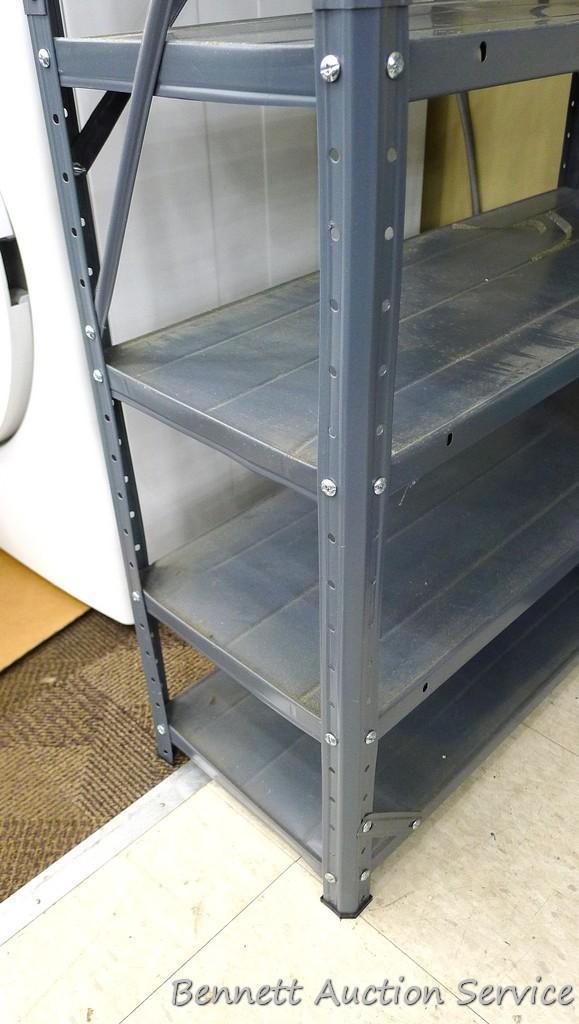 Two adjustable metal shelving units with 7 and 4 shelves, tallest is 31" x 12" x 59-1/2" tall,