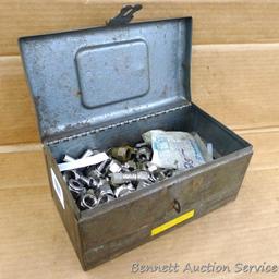 Metal storage box 9-1/2" x 5" x 4-3/4" with a variety of fittings for air lines on trucks (we