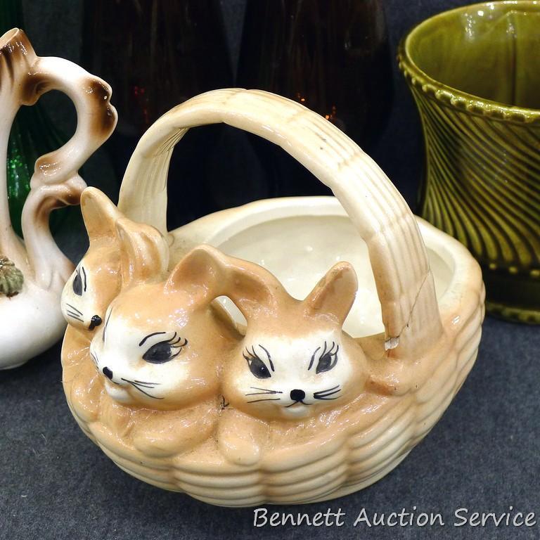 USA planter is also marked 410 and 2033, stands 4-1/2" high; Pair of cute little oil lamps 7" tall;