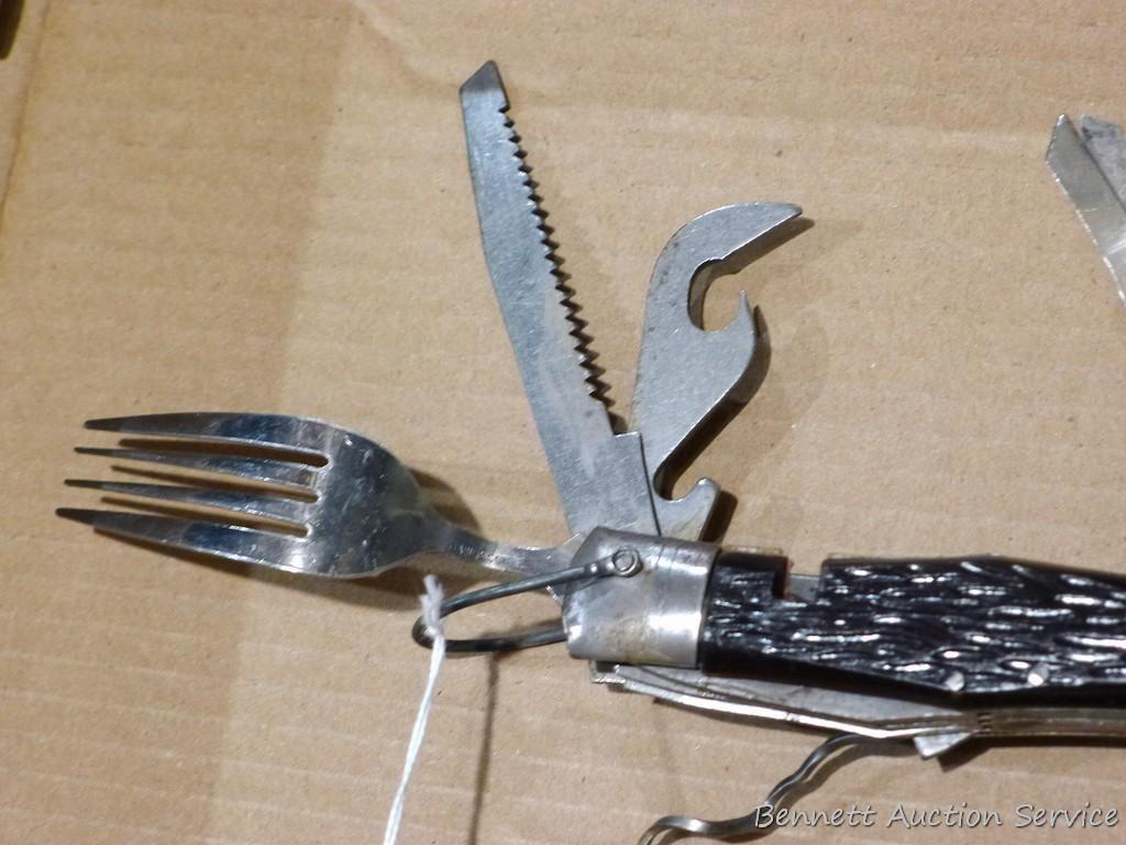 Really cool camp knife includes fork, spoon, corkscrew, knife, scissors, more. Roughly 4-3/4" x 2" x