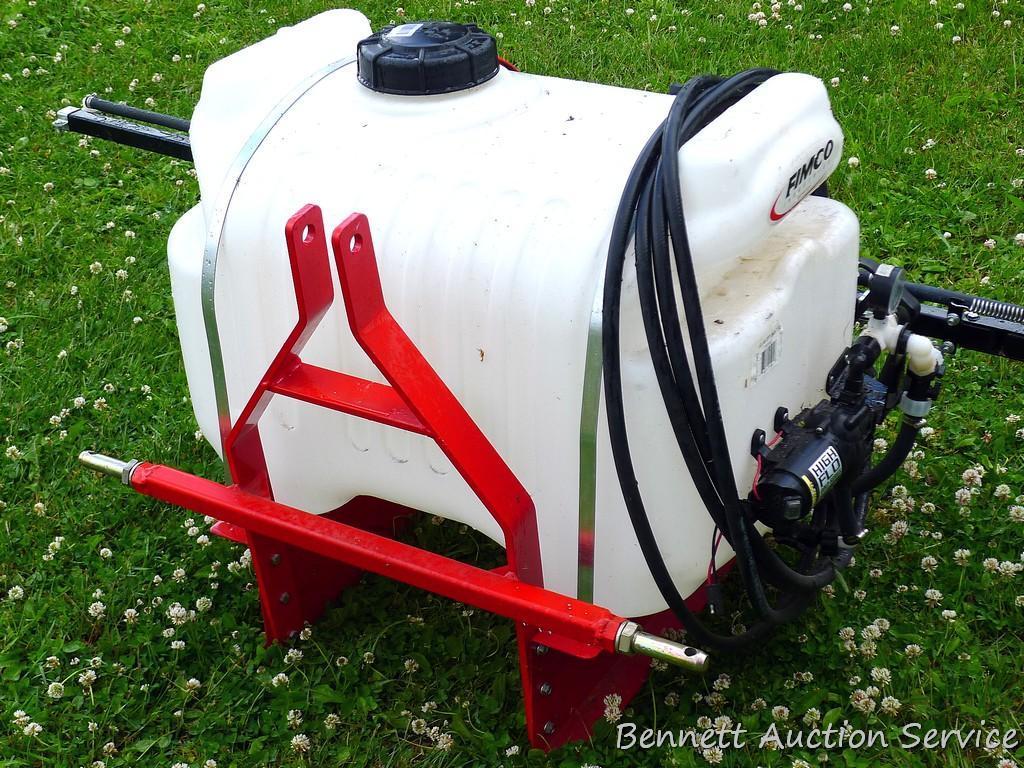 Fimco 3-point sprayer tank is Model No. LG-40, has folding arms and hand wand. Unit is powered by a