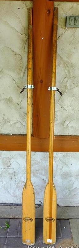 Pair of Featherbrand wooden oars with oar locks.