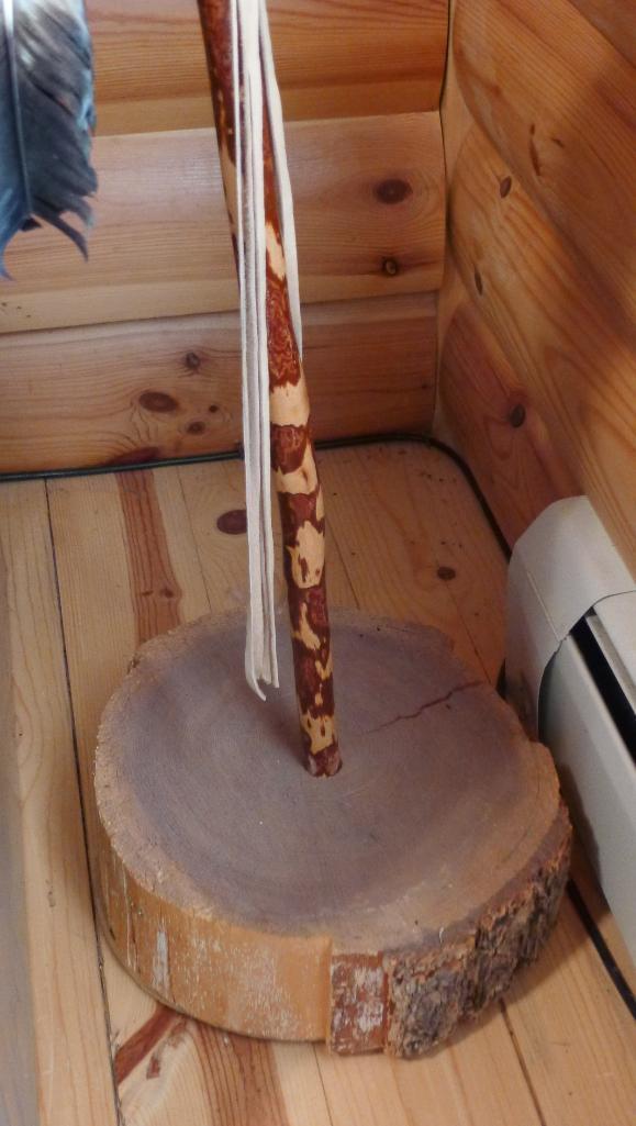 Handmade Eagle Stick by Vision Products comes with tree stump holder and has horse hair, fox tail,