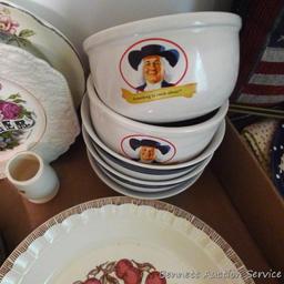 Country Harvest cherry pie recipe pie plate, 1983; Quaker Oat bowls; Greek miniature coffee set; 13"