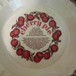 Country Harvest cherry pie recipe pie plate, 1983; Quaker Oat bowls; Greek miniature coffee set; 13"