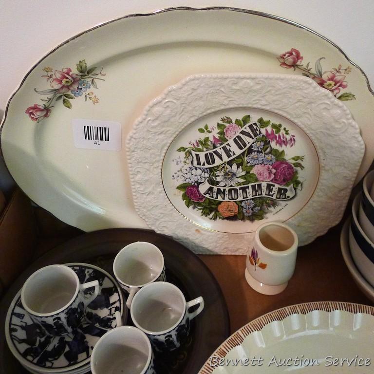 Country Harvest cherry pie recipe pie plate, 1983; Quaker Oat bowls; Greek miniature coffee set; 13"