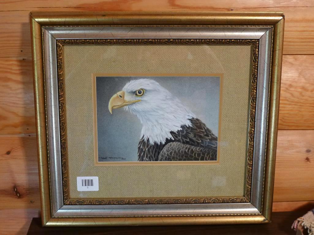 Framed, matted and signed painting of Eagle by Robert Metropulos Jr. Frame measures 19-1/2" x