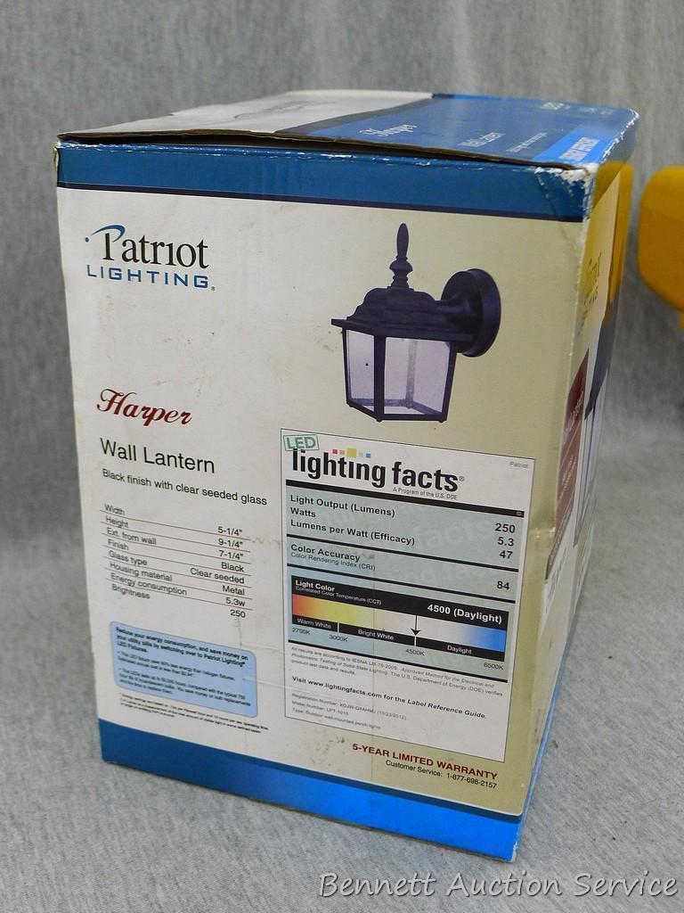 Patriot Lighting wall lantern with LED lights appears to be NIB; Pro-Lite Professional lantern,