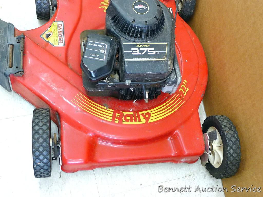 Rally lawn mower has a 3.75 HP Briggs & Stratton Sprint engine and a 22" deck. Gas tank is dry, so