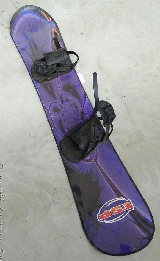 ESP snowboard is about 58" long, looks to be in good condition. Bindings are 10-1/4" from toe strap