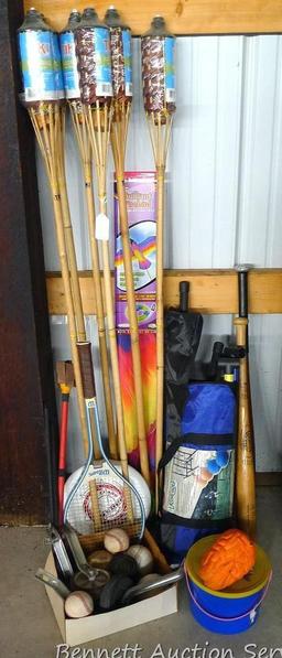 The ultimate summer or camping lot includes 6 NIP tiki torches, Lasso Golf, Frisbee, 84" bird kite