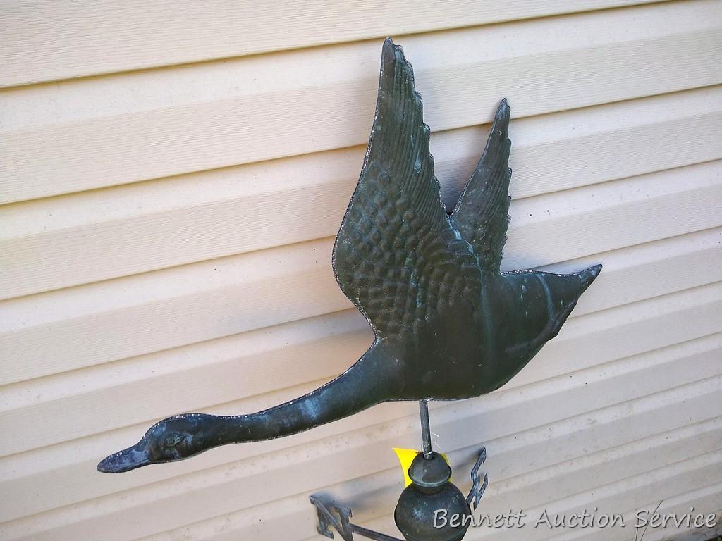 Delightful flying goose weather vane is an impressive 51" tall, goose is nearly 2-1/2' long. Entire