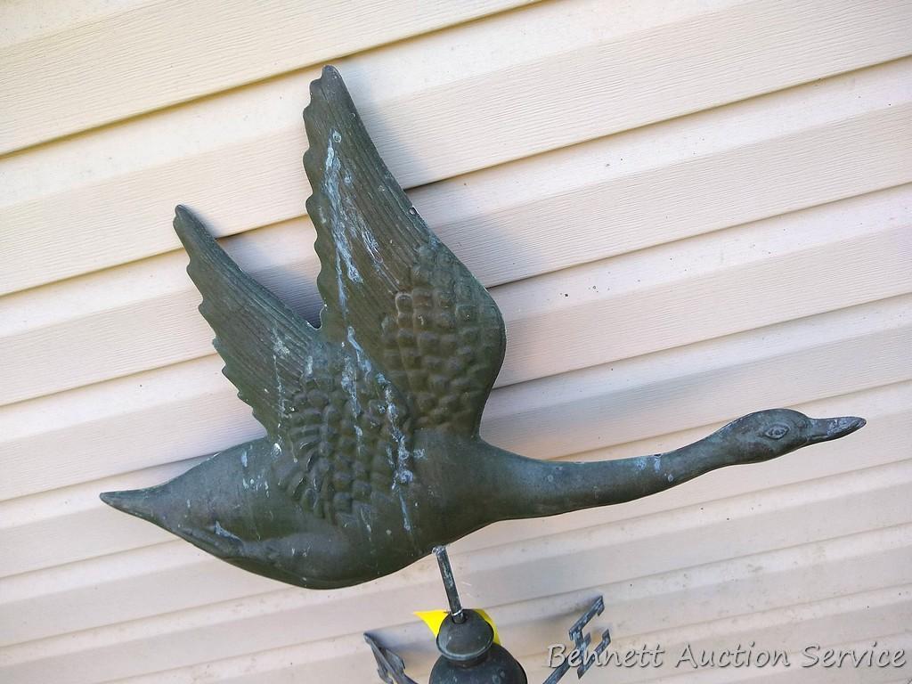 Delightful flying goose weather vane is an impressive 51" tall, goose is nearly 2-1/2' long. Entire