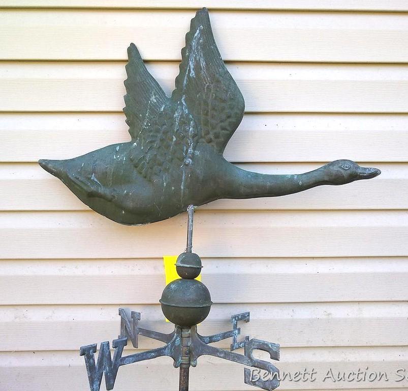 Delightful flying goose weather vane is an impressive 51" tall, goose is nearly 2-1/2' long. Entire