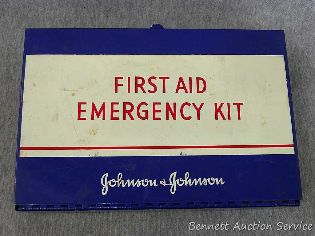 Vintage Johnson & Johnson first aid emergency kit with cardboard sleeve. Includes contents and First