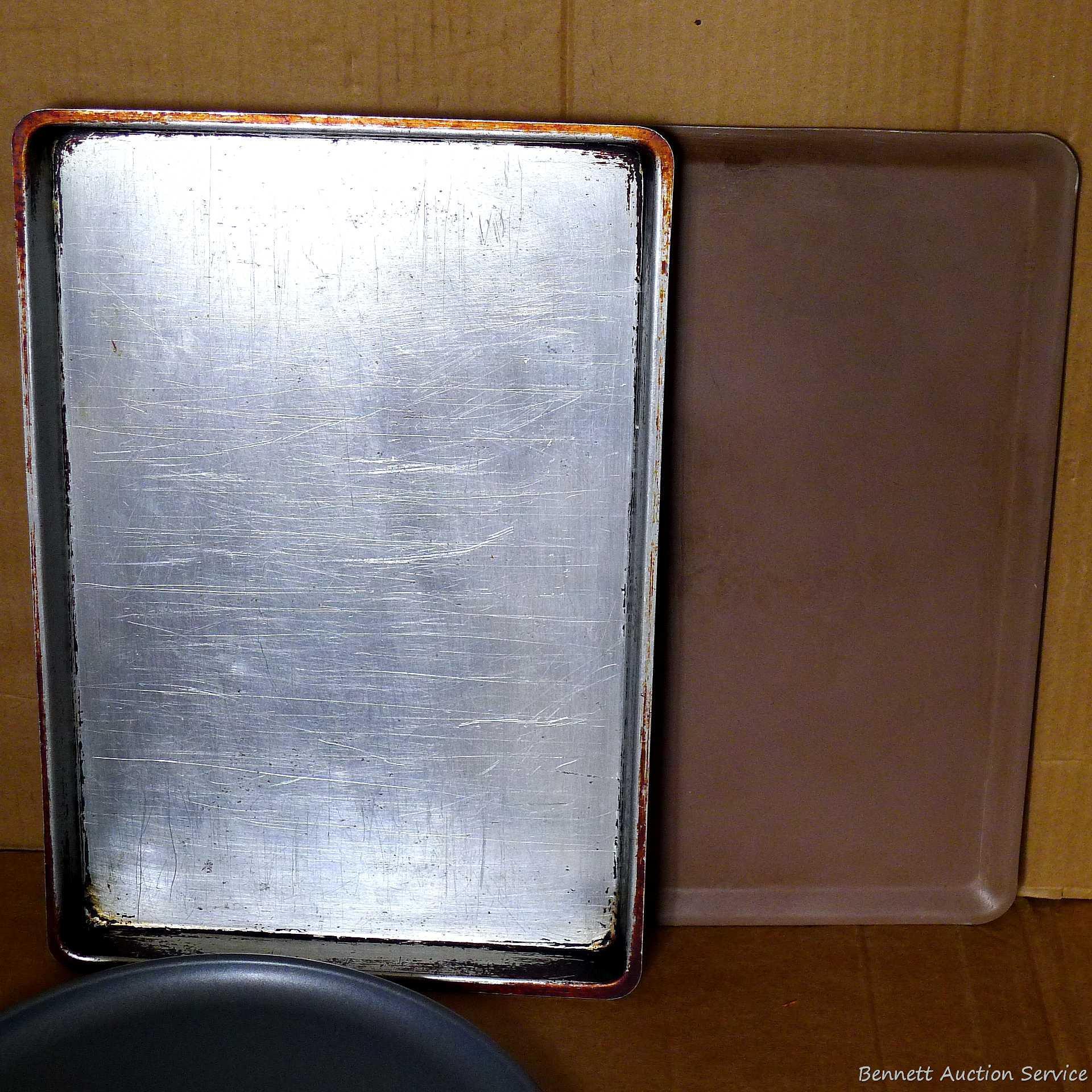 Different sizes of muffin tins, angel food cake pan, pizza pans, baking sheet, more. Baking sheet is