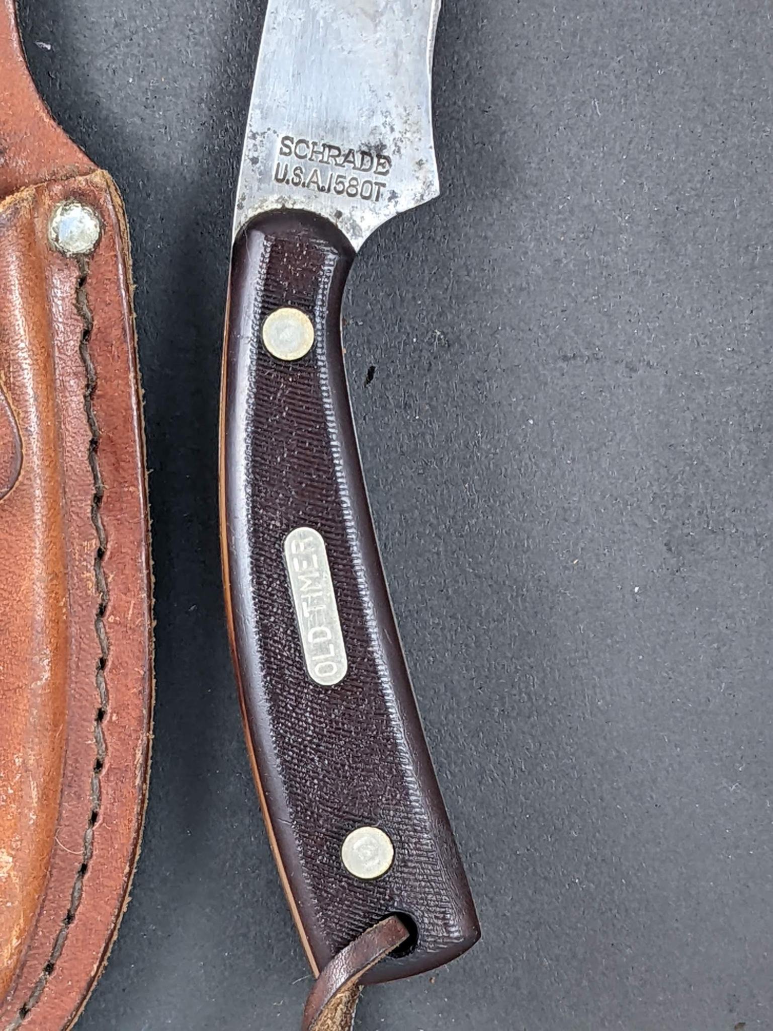 "Old Timer" Schrade U.S.A. sheath knife. Model NO. 158OT. Measures 7'' overall. Handle and blade are