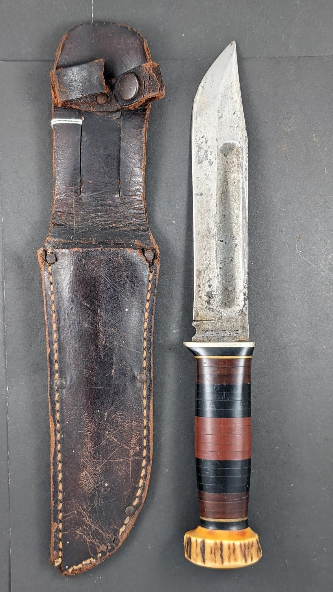 Ka-Bar Union Cutlery CO. Olean, N.Y. sheath knife. Model NO. on top fitting 471G-6. Measures 10''