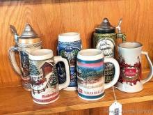 Assortment of beer mugs and steins, incl Budweiser, Heilman Old Style, Miller High Life, Old
