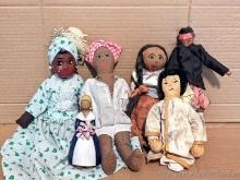 Six dolls up to 16". Two are Jamaican, one Oriental, others.