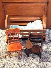 20" wooden doll cradle, wooden school desk and chair - all for doll display.