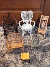 Six twig or wicker doll display chairs up to 9" overall.
