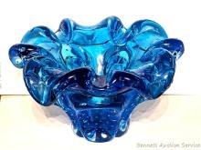 Murano? cobalt blue art glass bowl with beautiful bubbles throughout. Measures approx 8" across x