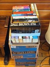 Three boxes of paper back books by Nora Roberts, Dale Brown, Diana