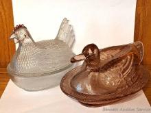 Glass hen candy dish and duck butter dish for your kitchen table. Hen dish measures 6" long, duck