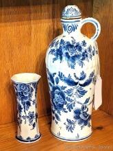Beautiful Delft bud vase and decorative pouring pitcher. Vase measures 5-1/4" tall, pitcher measures
