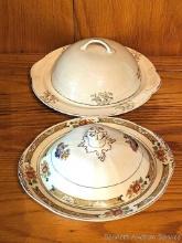 Coordinated pair of lidded serving dishes. Ornate Ivory one made by W. H. Grindley & Co Ltd England,