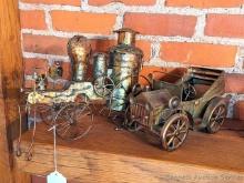 Metal Car music box with working music crank; quaint metal steam engine decoration. Great mantle
