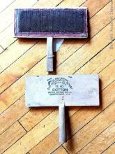 Pair of wooden carding combs marked "The Only Genuine Old Whittemore Patent No 10" by Watson -