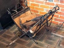 Cast Iron firewood cradle and wood stove tools. Cradle measures approx 26" x 16" and fire poker