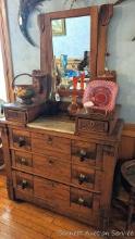 Antique dresser with marble accent, mirror and quality Knapp joints on all larger drawers. Measures