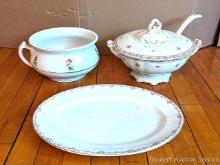 Rosebud pattern pieces incl soup tureen with lid and ladle, chamber pot about 9" wide, and a 14"